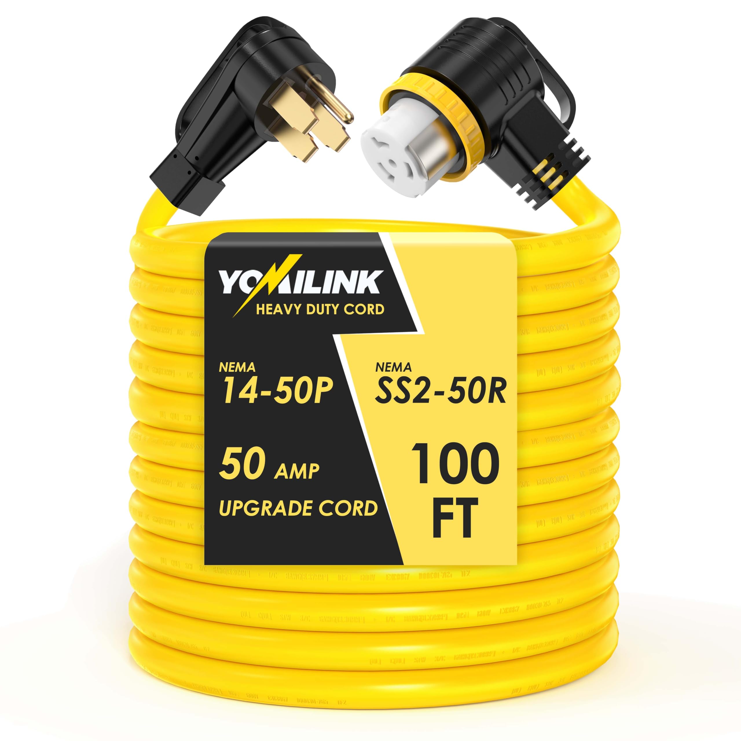 Photo 1 of YOMILINK 100 Feet 50 Amp RV/Generator Cord, 100% Copper Wire, NEMA 14-50P to SS2-50R Twist Lock, Newly Designed 90°Grip Handle, 6/3+8/1 Gauge STW Wire