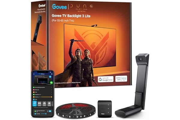Govee TV Backlight 3 Lite with Fish-Eye Correction Function Sync to 55-65 Inch TVs, 11.8ft RGBICW Wi-Fi TV LED Backlight with Camera, 4 Colors in 1 Lamp Bead, Voice and APP Control, Adapter