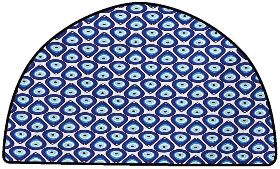 Indoor Super Absorbs Doormat Evil Eye,Water Drops Inspired Shape Up and Down Luck Charm Vivid Tile Design,Blue Pale Blue White,W24 x L16 Half Round Modern Abstract Area Rug
