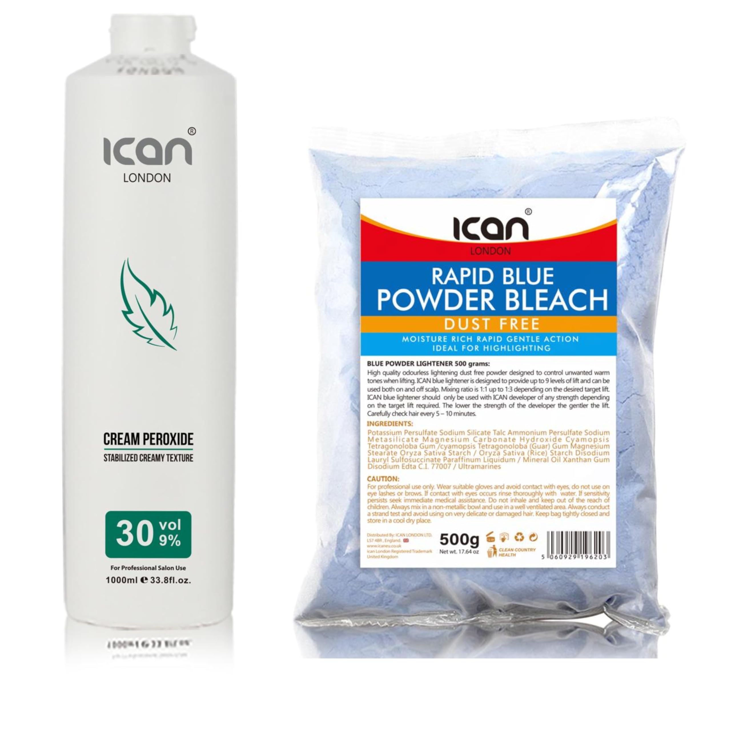 ICAN LONDON PROFESSIONAL CREAM PEROXIDE 30 VOL 9% 1000 ML + DUST FREE BLUE POWDER BLEACH 500 G SET