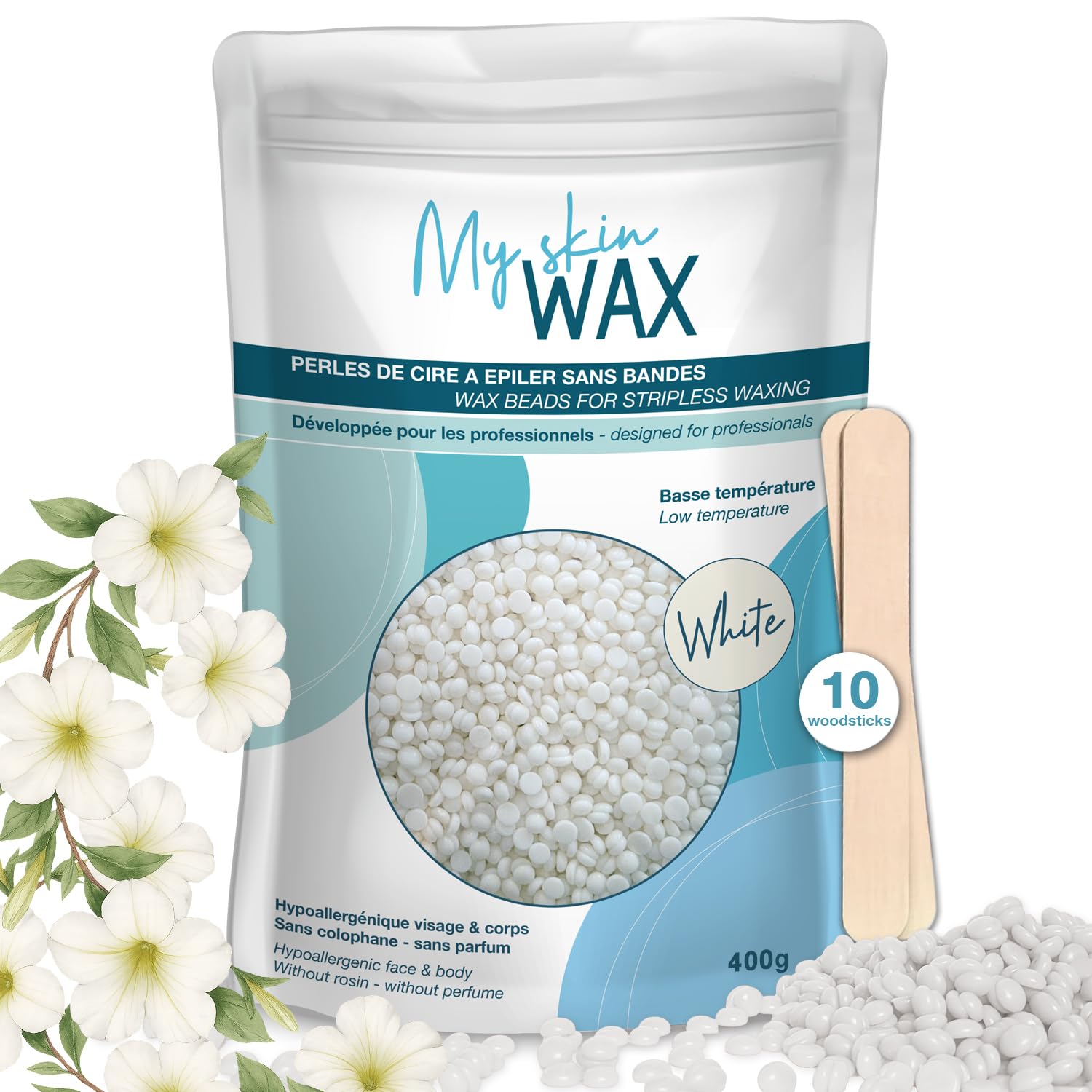 My Skin Wax - Stripless Wax Beads, 400g, Hypoallergenic, Smooth Waxing without Redness, Special for Sensitive Skin Men Women, Peelable, Face, Bikini, Brazilian (White)