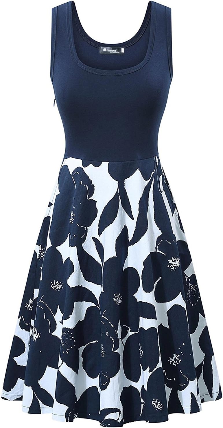 Measoul Women's Scoop Neck Floral Printed Sleeveless A-Line Cocktail Party Tank Dress