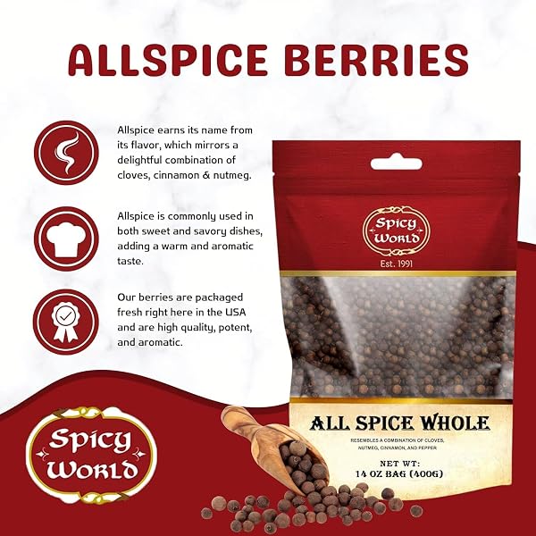SPICY WORLD WHOLE ALLSPICE BERRIES 14 OZ RESEALABLE BAG | ALL SPICE PIMENTO JAMAICA PEPPER FOR COOKING & SEASONING | VERSATILE BERRY FOR CURRIES, SOUPS AND EVEN PASTRIES
