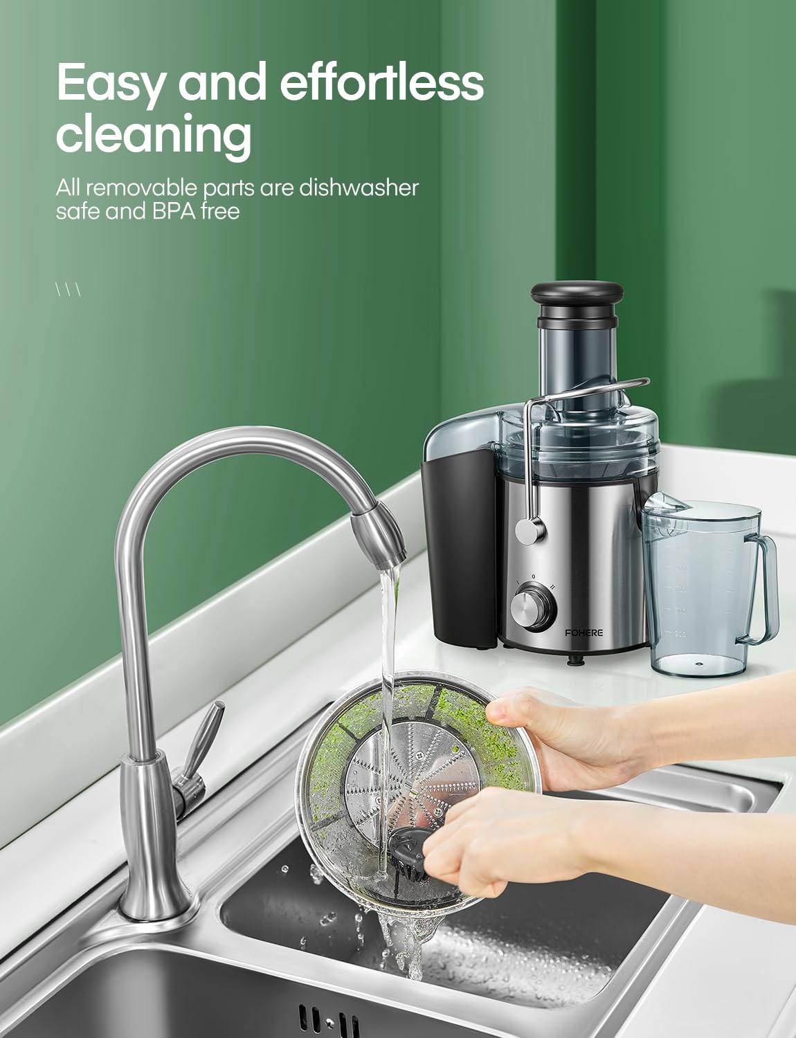 Juicer Machines, FOHERE 1000W Juicer Whole Fruit and Vegetables, Quick Juicing Easy to Clean, 75MM Large Feed Chute, Dual Speed Setting and Non-Slip Feet, Silver