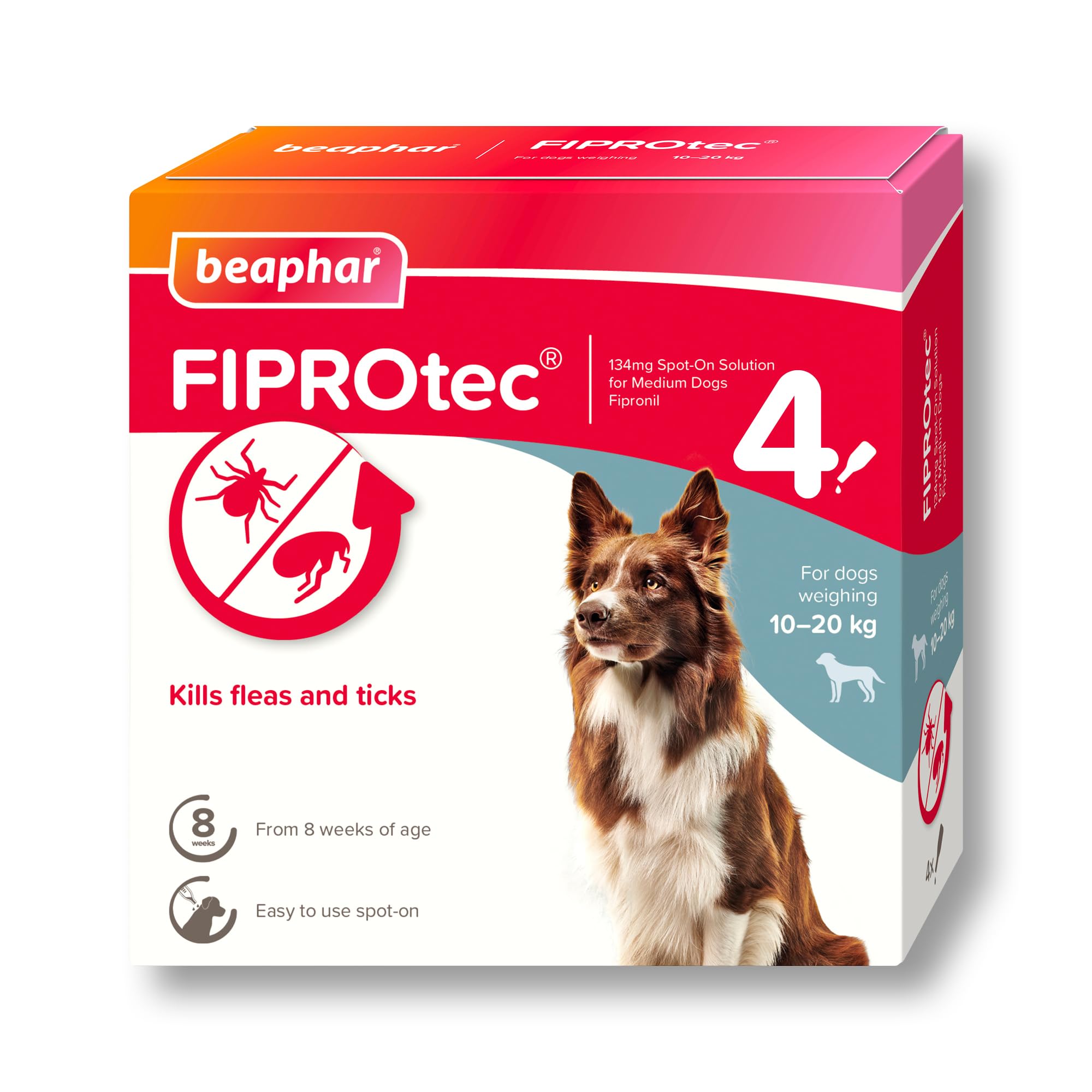 Beaphar - FIPROtec Spot-On Flea & Tick Treatment for Medium Dogs 10-20kg - 4 Pipettes - Kills Fleas & Ticks – Veterinary Medicine - Easy to Apply Monthly - Suitable for Dogs & Puppies from 8 Weeks