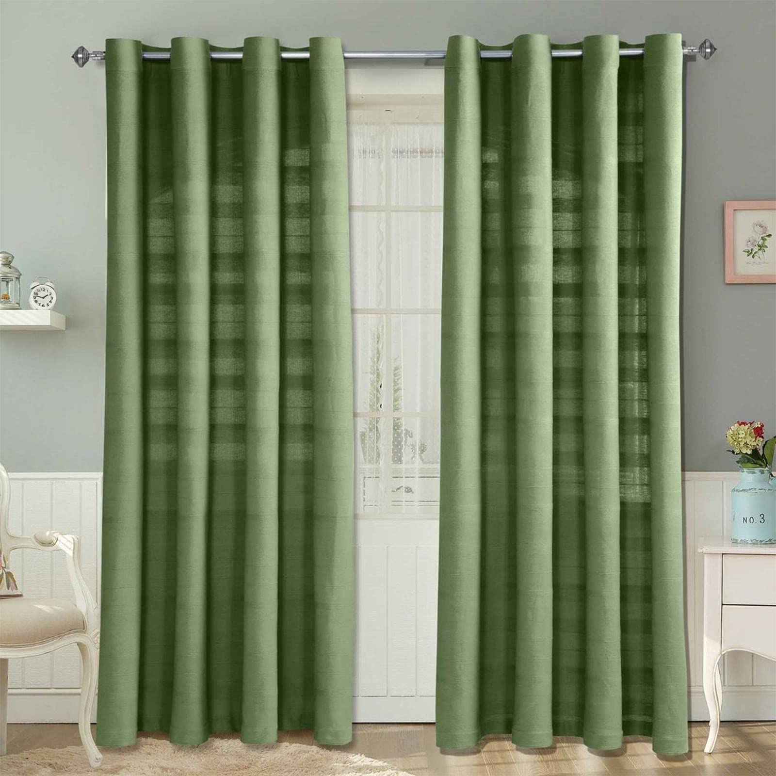 HOMESCAPES Dark Olive Green Rajput Eyelet Curtain Pair 137cm (54") Wide x 137cm (54") Drop 100% Cotton Ring Top Plain Curtains