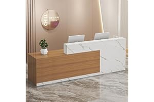 PLMOKN Wood Reception Desk Marble Stone with Checkout Retail Counter L Shaped Modern Mostrador para Negocio Office Desk Closed Front with Storage Drawers for Barber,Salon,Clothing Store