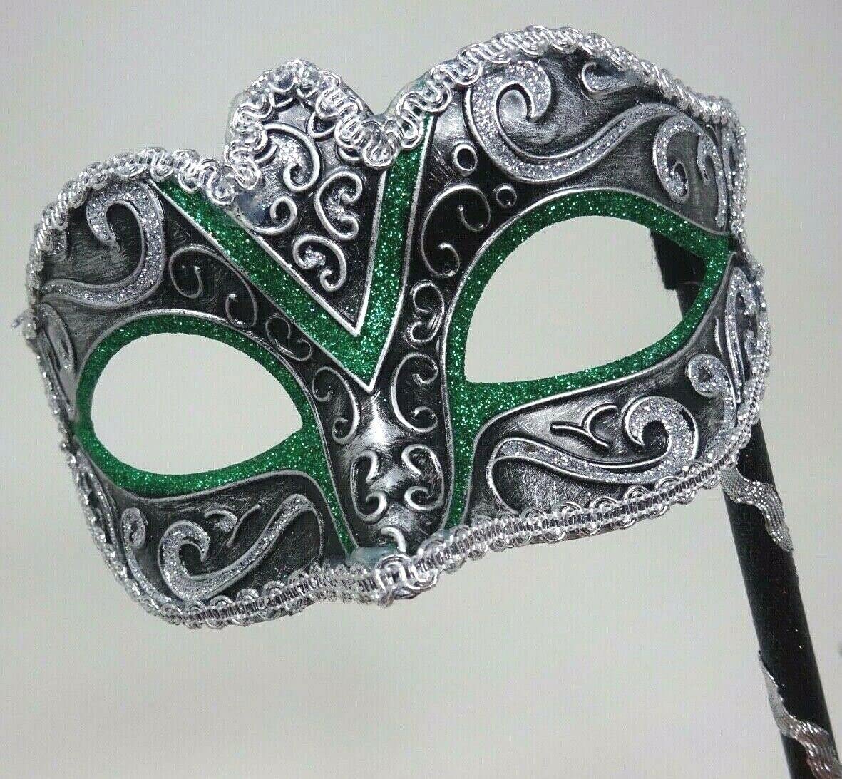VENETIAN MASQUERADE CARNIVAL PARTY EYE MASK GREEN BLACK & SILVER ON A STICK - HAND HELD
