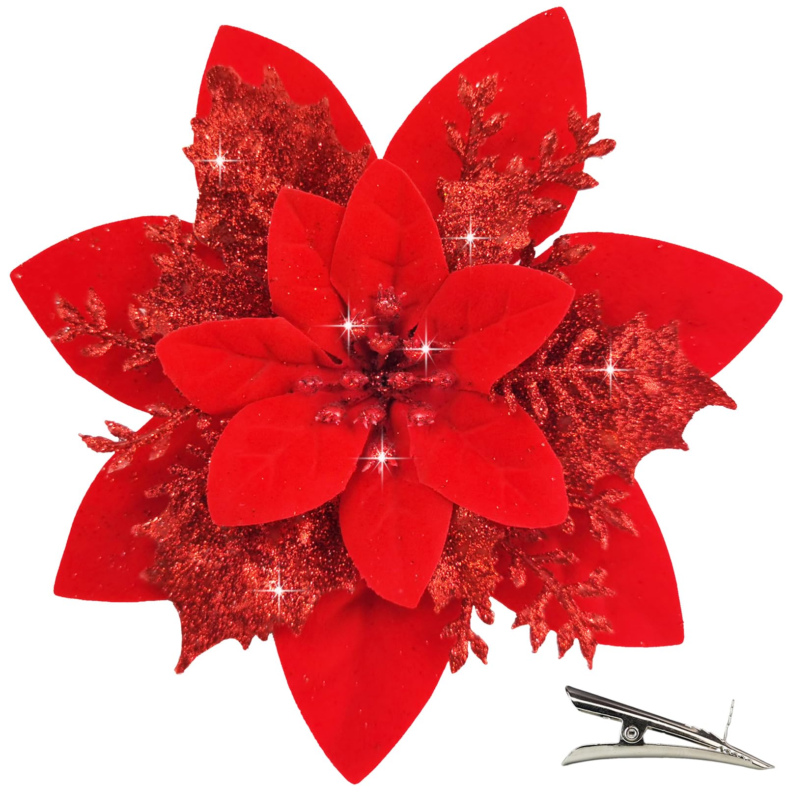 MIKAILE 20PCS Christmas Flowers Artificial with Clip, Poinsettia Christmas Decorations with Glitter for Christmas Tree Decorations Garland Wreaths DIY Ornaments (Red)
