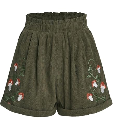 Corduroy Shorts for Women Mushroom Embroidery Lounge Shorts