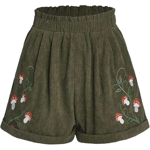【PORTERNA】Bird Corduroy Bermuda Shorts COZYEASE Women's Plants Embroidery Corduroy Shorts Paperbag