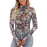 Floral Mesh Long Sleeve Lace Sheer Mockneck Trendy Cute Going Out Tops for Women Fall Fitted Sexy Fashion Outfits Clothes
