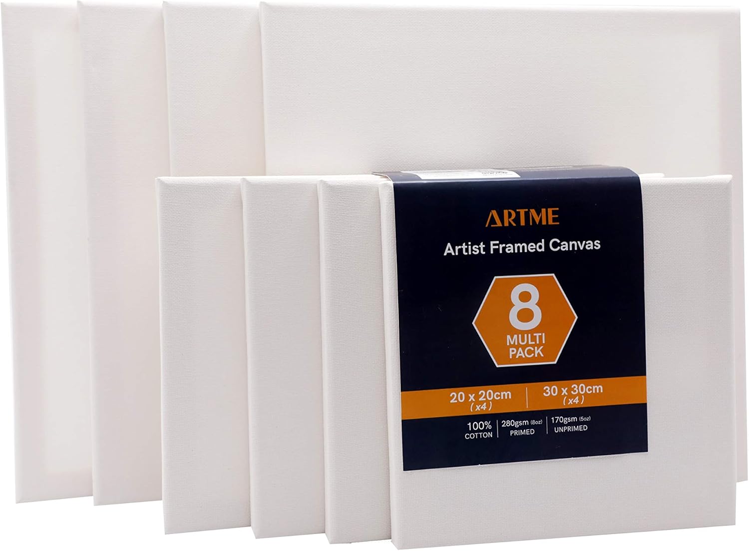 Artme Pre-Stretched Canvas 8pcs, 20x20CM-4pk, 30x30CM-4pk, Artist Framed Square Canvas 1.7cm