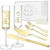 ROXBURGH Wedding Cake Knife and Server Set, Bride and Groom Mr and Mrs Champagne Flutes & Forks with Giftable Box, Cake Cutting Set for Wedding Engagement Bridal Shower Gifts