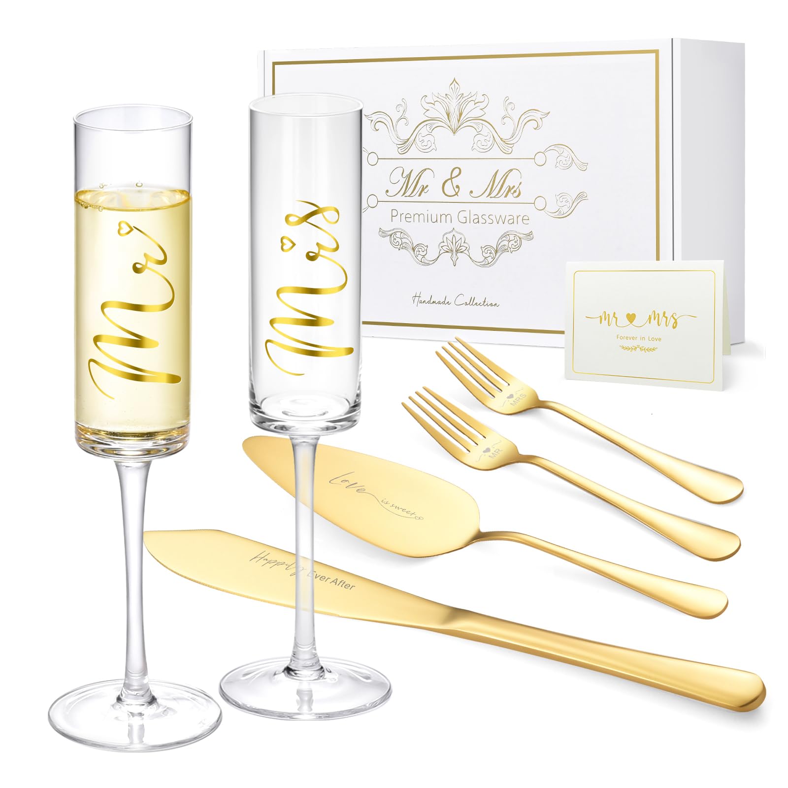 Photo 1 of ROXBURGH Wedding Cake Knife and Server Set, Bride and Groom Mr and Mrs Champagne Flutes & Forks with Giftable Box, Cake Cutting Set for Wedding Engagement Bridal Shower Gifts