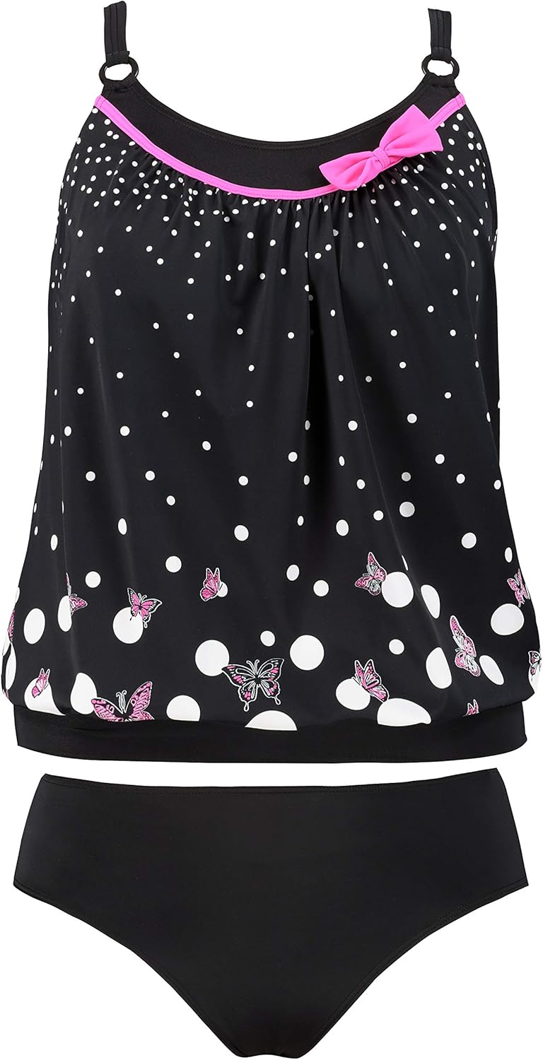 Ulla Popken Women's Plus Size Butterfly Polka Dot Blouson Tankini Set