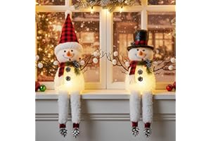 MWDJPXY 2 Pack Christmas Table Decorations, 18" Lighted Plush Snowmen Christmas Trees with Pine Cone Twigs, Light Up Snowman Holiday Present, Battery Operated Xmas Gifts Tabletop Ornaments (Black and Red)