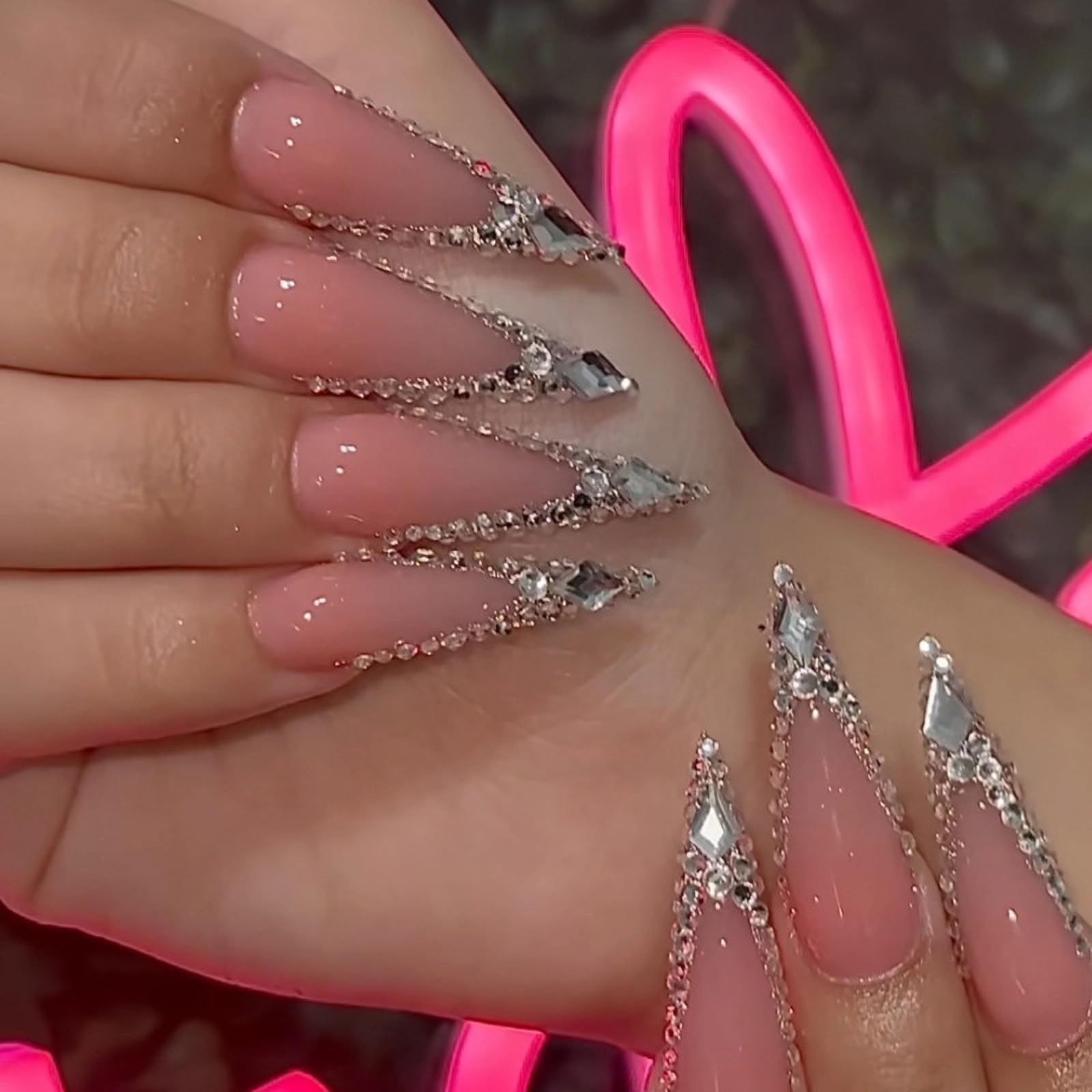 MISUD Press on Nails Long Stiletto Fake Nails Glossy Glue on Nails Almond Acrylic Nails Luxury Rhinestone Artificial Nails Bling Glitter Stick on False Nails with Design for Wedding 24 pcs - Image 2