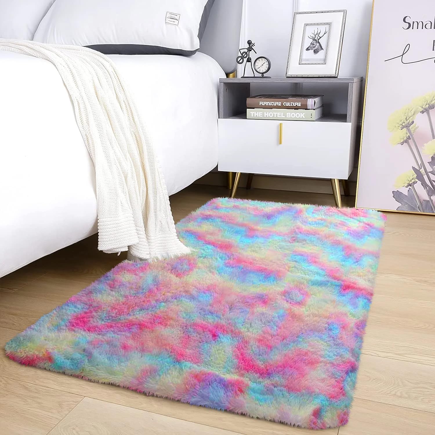AMEHA Rainbow Shaggy Rug 60x110 cm Colorful Fluffy Soft Non Slip Runner Rugs for Kids Bedroom Modern Carpet Non-Shedding