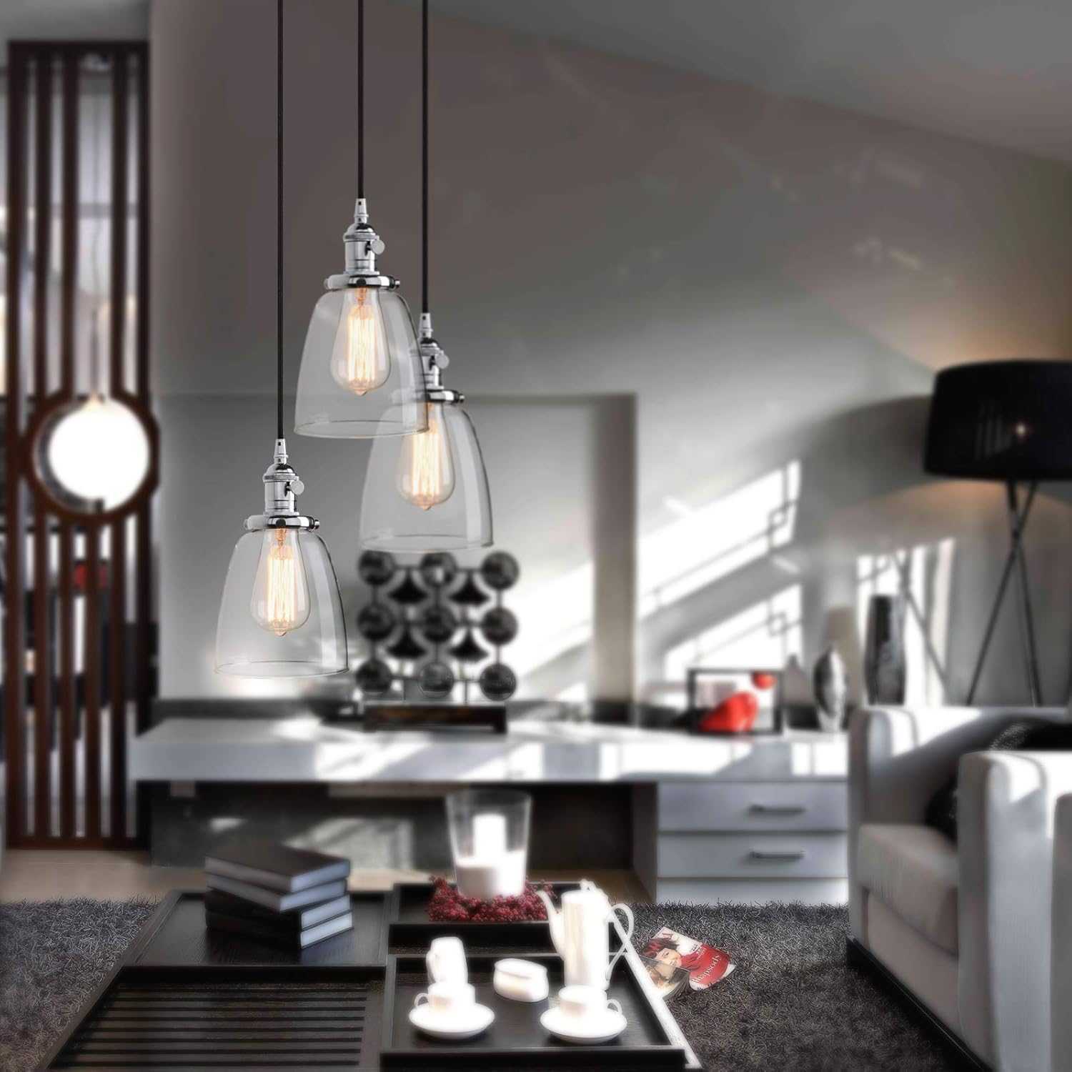 Phansthy Retro Pendant Light Industrial Kitchen Ceiling Lights with Adjustable Cloth Wire Clear Glass Hanging Lamp for E27 Edison Bulbs (Chrome) - Image 4