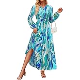 ZESICA Spring Dresses for Women 2026 Long Sleeve Boho Floral V Neck Empire Waist A Line Casual Flowy Wedding Guest Maxi Dress