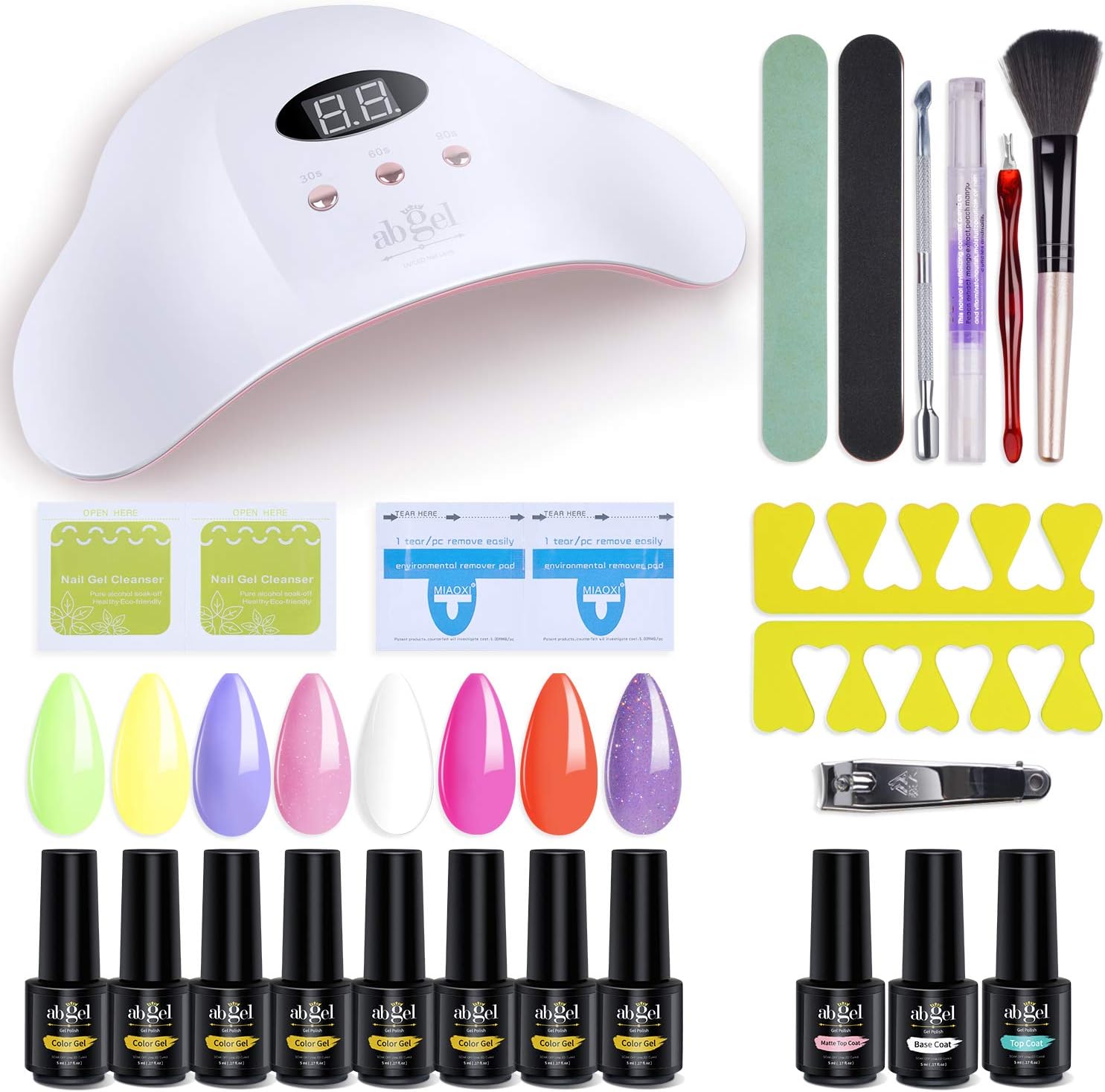 ab gel Home 11pcs Starter Kit with 36W UV/LED Light Nail Lamp-8 Color Gel with No Wipe Base and Top Coat, Manicure Nail Tools