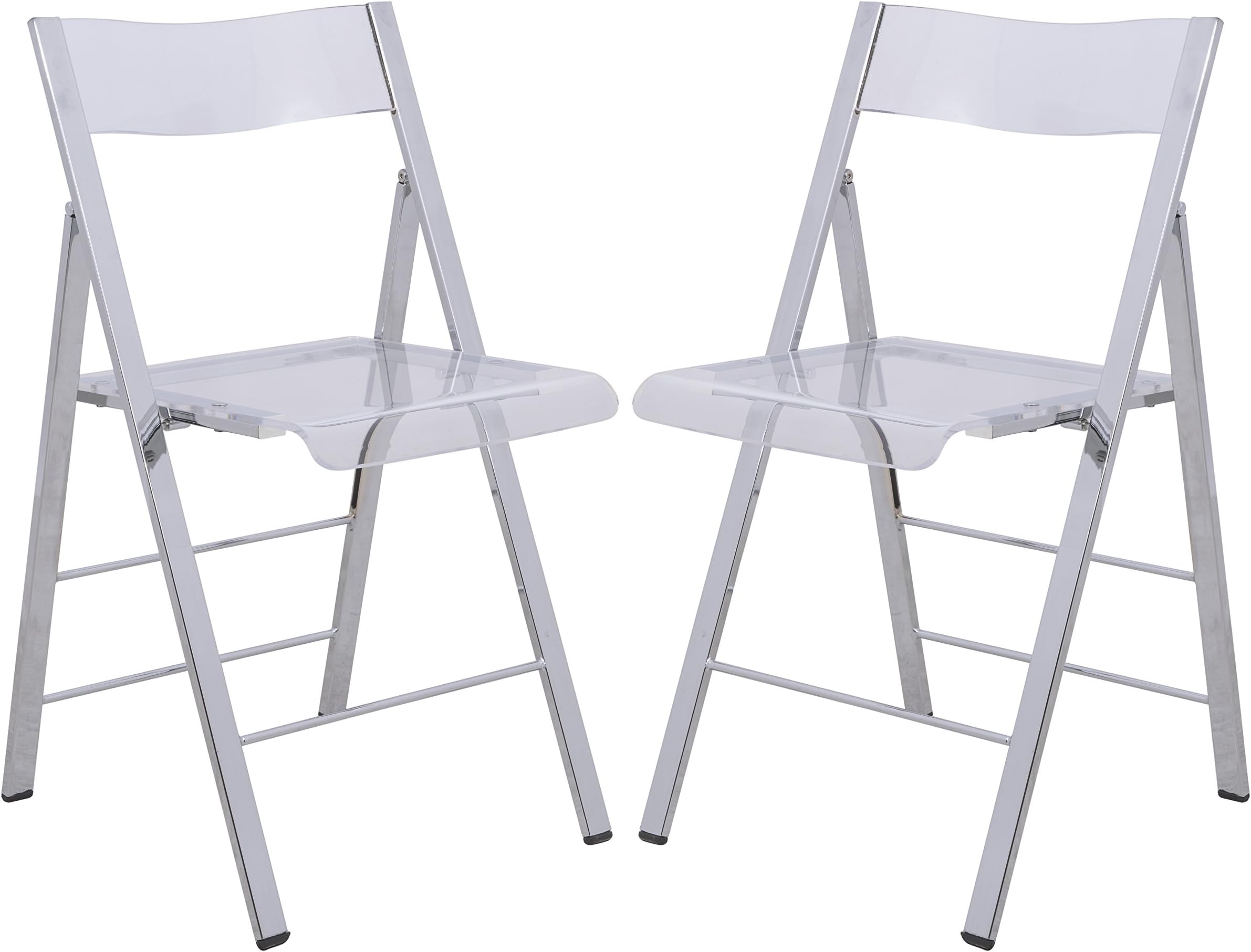 LeisureMod Transparent Acrylic Folding Chair, Lightweight Iron Chrome Base, Comfortable Clear Desk Chair, No Assembly Needed (Set of 2) in Clear