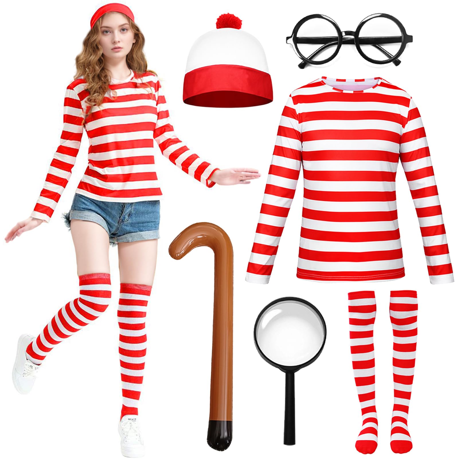Maryparty Wally Costume Set Long Sleeve Red & White Stripe Top + Red & White Bobble Hat + Black Nerd Glasses Fancy Dress Costume Set for World Book Day (Women, XL) — image 1