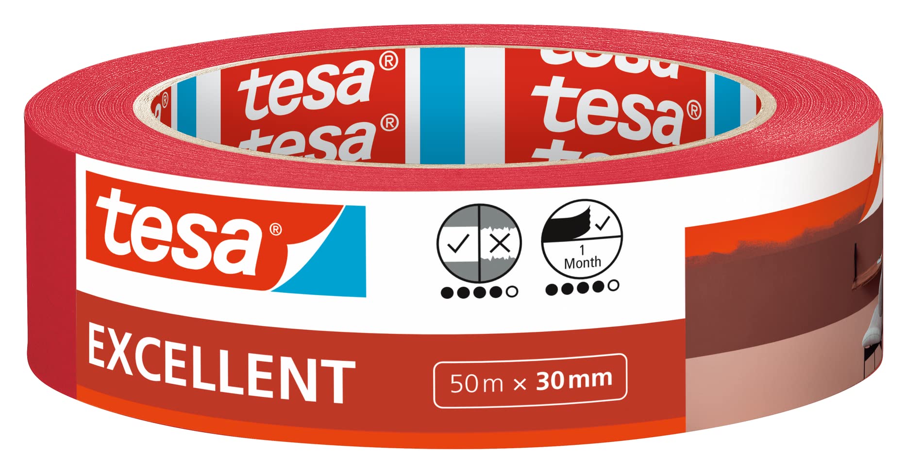 tesa Masking Tape Excellent - Painter's tape with thin paper backing for masking during painting work - for all paints, varnishes, and glazes - for indoor use - 50 m x 30 mm