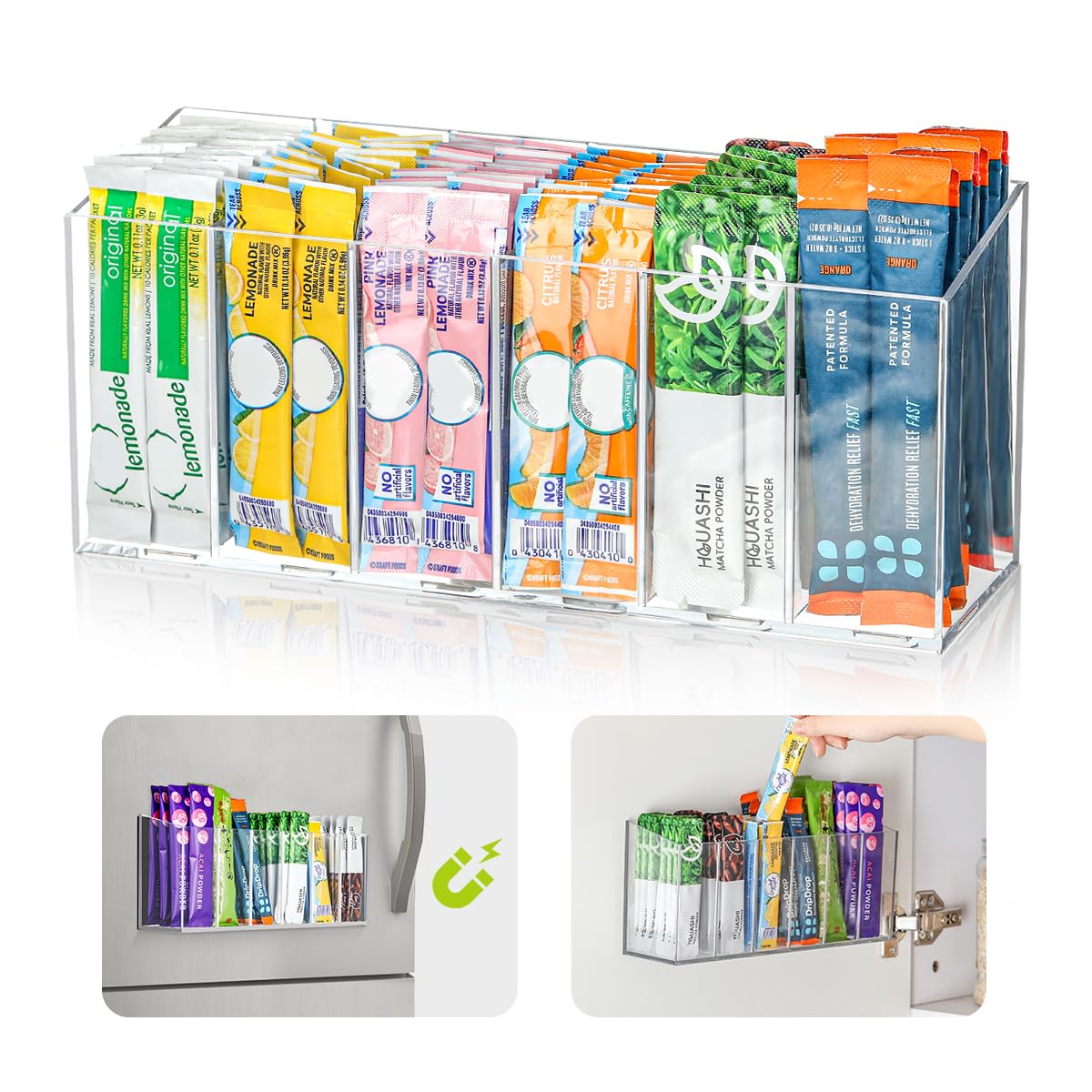 Photo 1 of AIEVE Drink Packet Organizer, Mountable Water Packet Organization Holder with Adhesive & Magnetic Sticker, Pantry Organizers Kitchen Storage for Countertop Table Fridge Cabinet