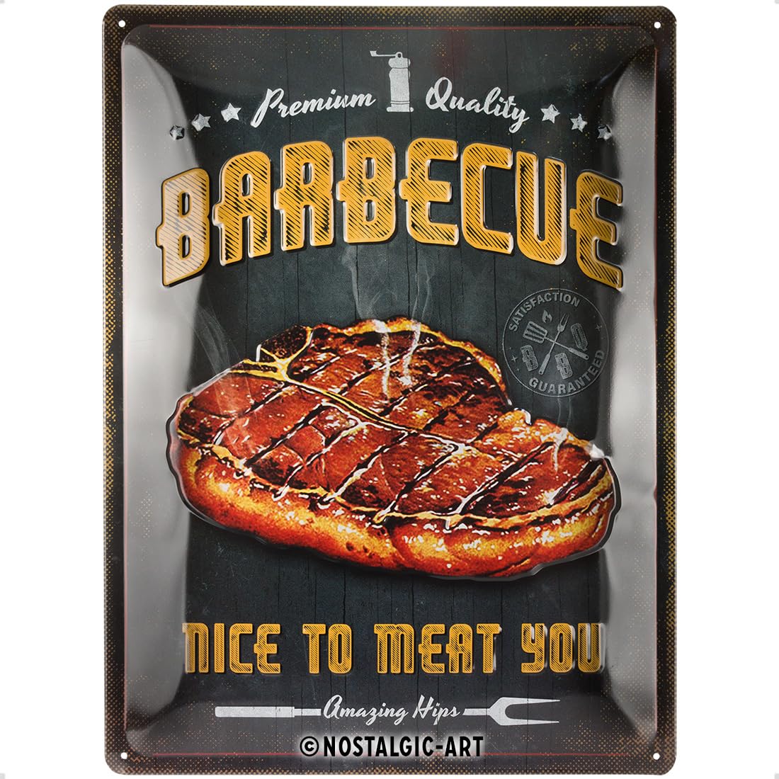 Nostalgic-Art Retro Tin Sign – Barbecue Nice To Meat You – Gift idea for BBQ Grill fans, Metal Plaque, Vintage design for decoration, 30 x 40 cm