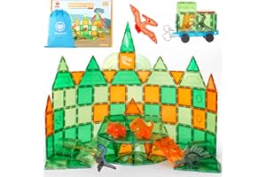 VANLINNY NEW Dinosaur Magnetic Tiles for Kids 3-8, 3D Dinosaur Building Blocks Set with 1 Magnet Car, 5 Dinosuar Figures, Educational STEM Magnet Toys Xmas Gifts for Boys and Girls 3+ Year Old