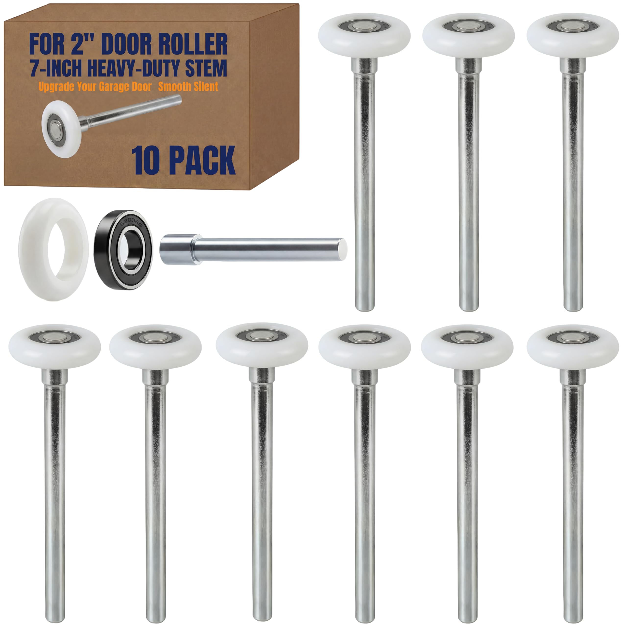 View 1 of 10 Pack 7" Stem 2" Sealed Nylon Commercial Garage Door Roller, Ultra Quiet Long-Lasting Durable High Load, Use 6200 Double Seals Precision Bearings for Home&Commercial