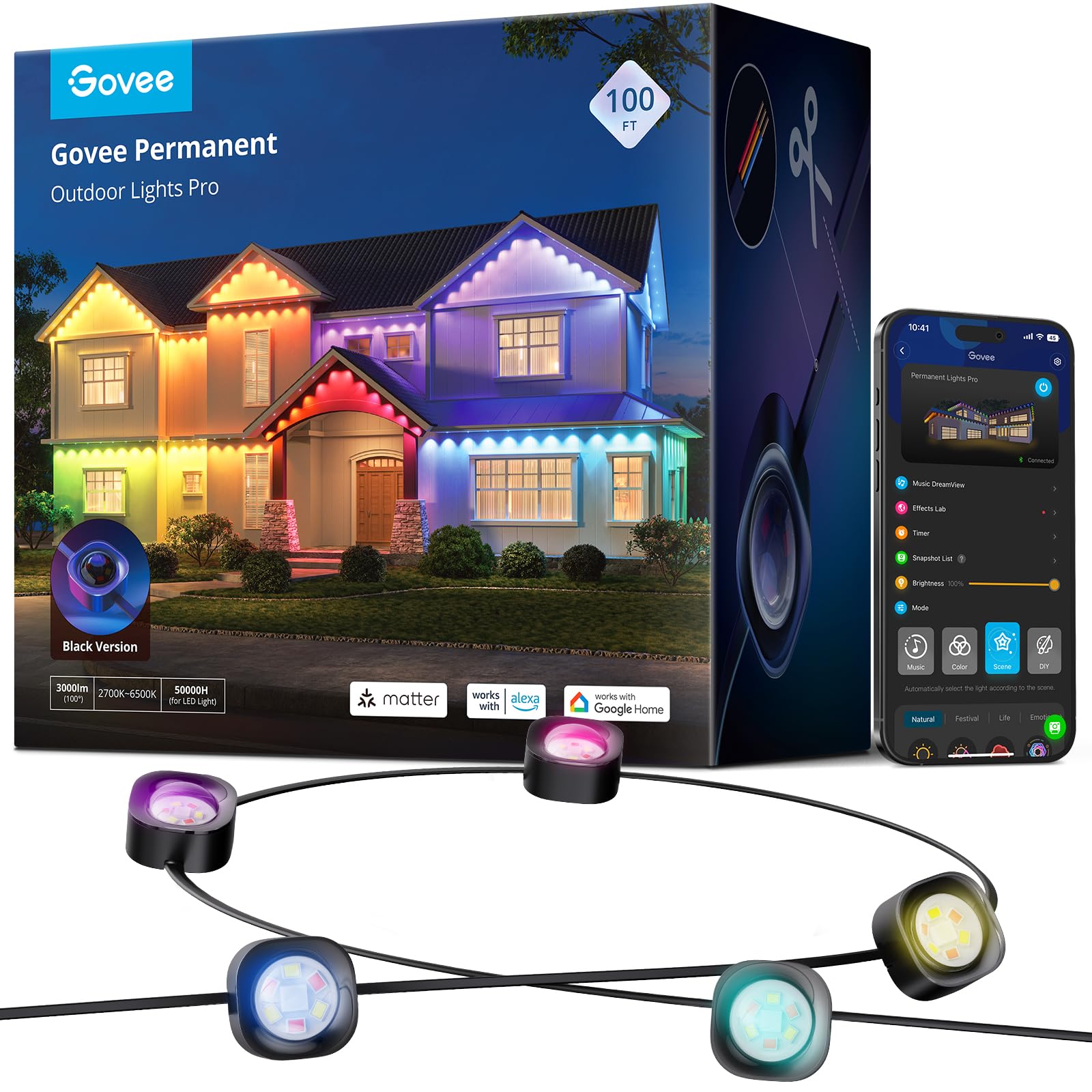 Photo 1 of Govee Permanent Outdoor Lights Pro, 100ft with 60 RGBIC LED Lights for Daily and Accent Lighting, 75 Scene Modes for Outdoor Decor, IP67 Waterproof, Works with Alexa, Google Assistant, Matter, Black