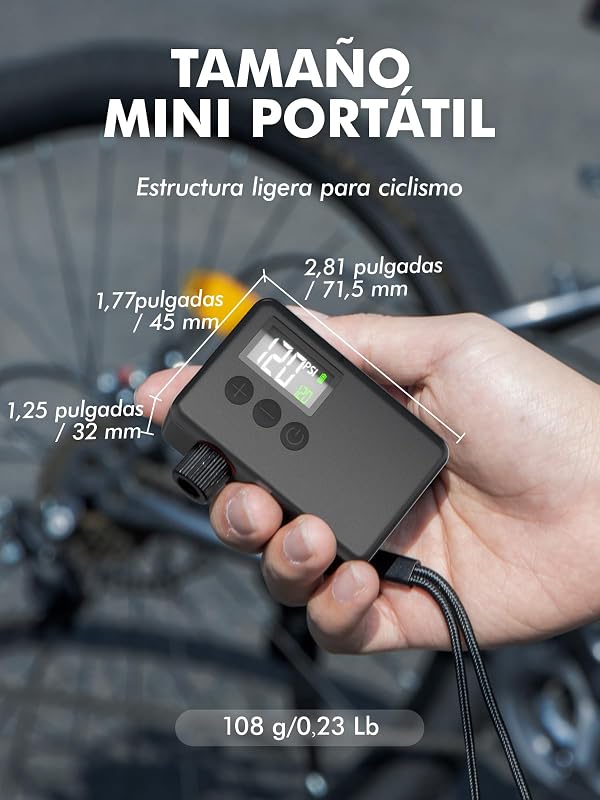 Inflador Electrico Bicicleta 120 PSI Mini Bomba de Aire, Manómetro