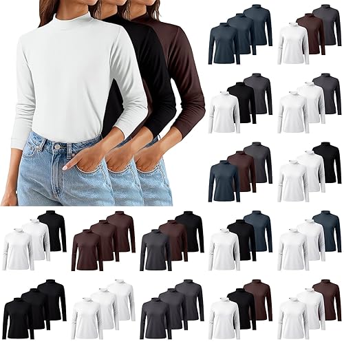 3 Pack Womens Long Sleeve Tops Turtleneck T Shirt Women Stretch Fitted Ladies Thermal Tops Solid Color Soft Comfortable Underscrubs Layer Tee Winter Warm Base Layer Top Lightweight Thermal Wear