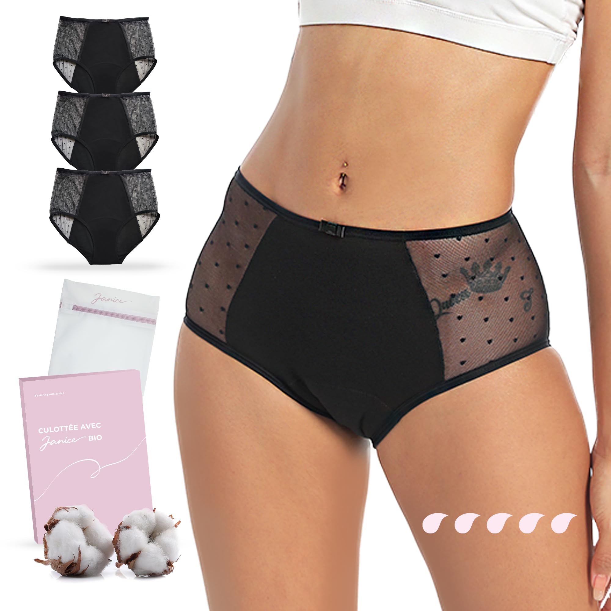 JANICE Pack of 3 Organic Cotton Menstrual Panties – Absorbent Women's Abundant Flow – Menstrual Underwear for Teenagers Periodic Incontinence Reusable (3 Evie Panties, XS)