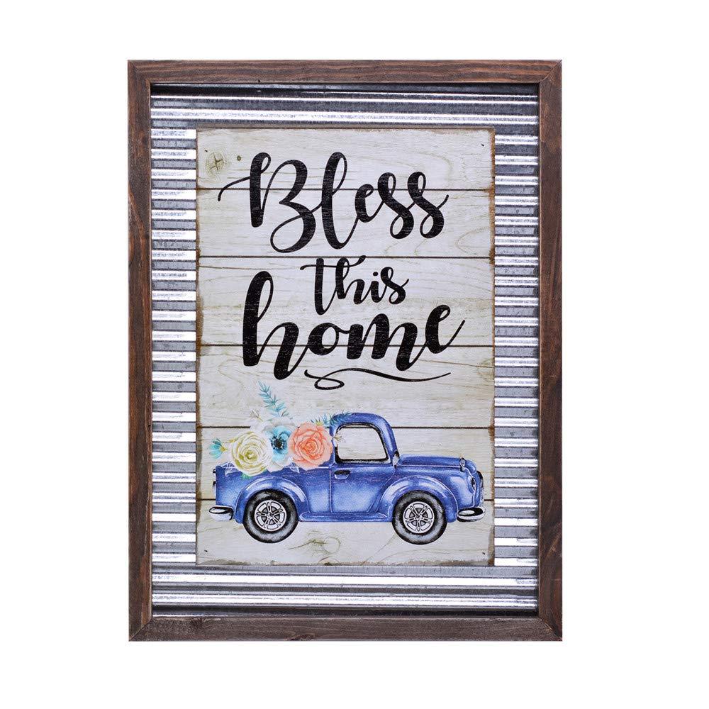 OUCHAN Bless This Home Wall Decor Sign- Galvanized Corrugated Distressed Truck Wood Wall Plaque 12'' W x 16'' H