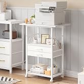 VENNQD Large Printer Stand with Storage Fabric Drawer Under Desk Printer Table with Wheels for Home Office, Printer Cart fit Fax Machine Scanner (White, 3 Tiers)