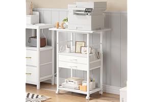 VENNQD Large Printer Stand with Storage Fabric Drawer Under Desk Printer Table with Wheels for Home Office, Printer Cart fit Fax Machine Scanner (White, 3 Tiers)