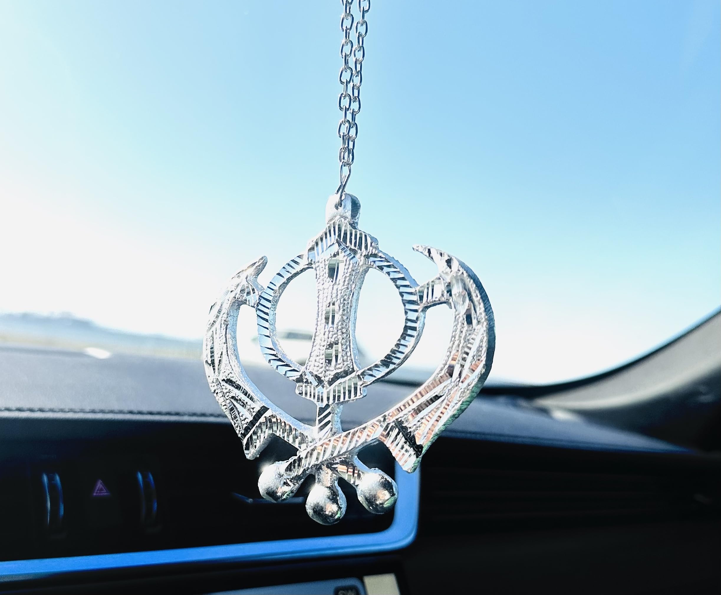 Photo 1 of [Handmade] Engraved Silver Shinning Khanda Car Hanging Medium Sized Khanda Logo Rear View Mirror Khanda for Car Sikh Silver Steel Khanda Aluminium Look Adjustable Chain 3Inch