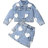 WDIRARA Toddler Girl's Cute 2 Piece Outfits Heart Print Button Down Jacket Cargo Denim Skirt Set