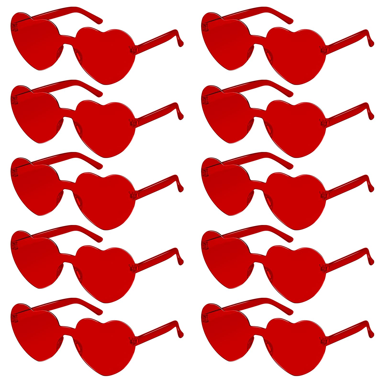 SelfTek 10 Pcs Red Heart Glasses Rimless Heart Sunglasses Love Heart Shaped Glasses Transparent Colored Heart Glasses Multipack Fashion Funky Eyewear for Women Men Kids