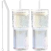 JunVpic Glass Cups with Lids and Straws, 20 OZ Multi Iced Coffee Glasses Tumblers for Ice Water, Juice, Tea, Milk, Smoothie and Cold or Hot Drinks, Set of 2