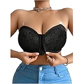 MakeMeChic Women's Plus Size Lace Front Closure Bralette Clear Straps Push Up Wireless Bras