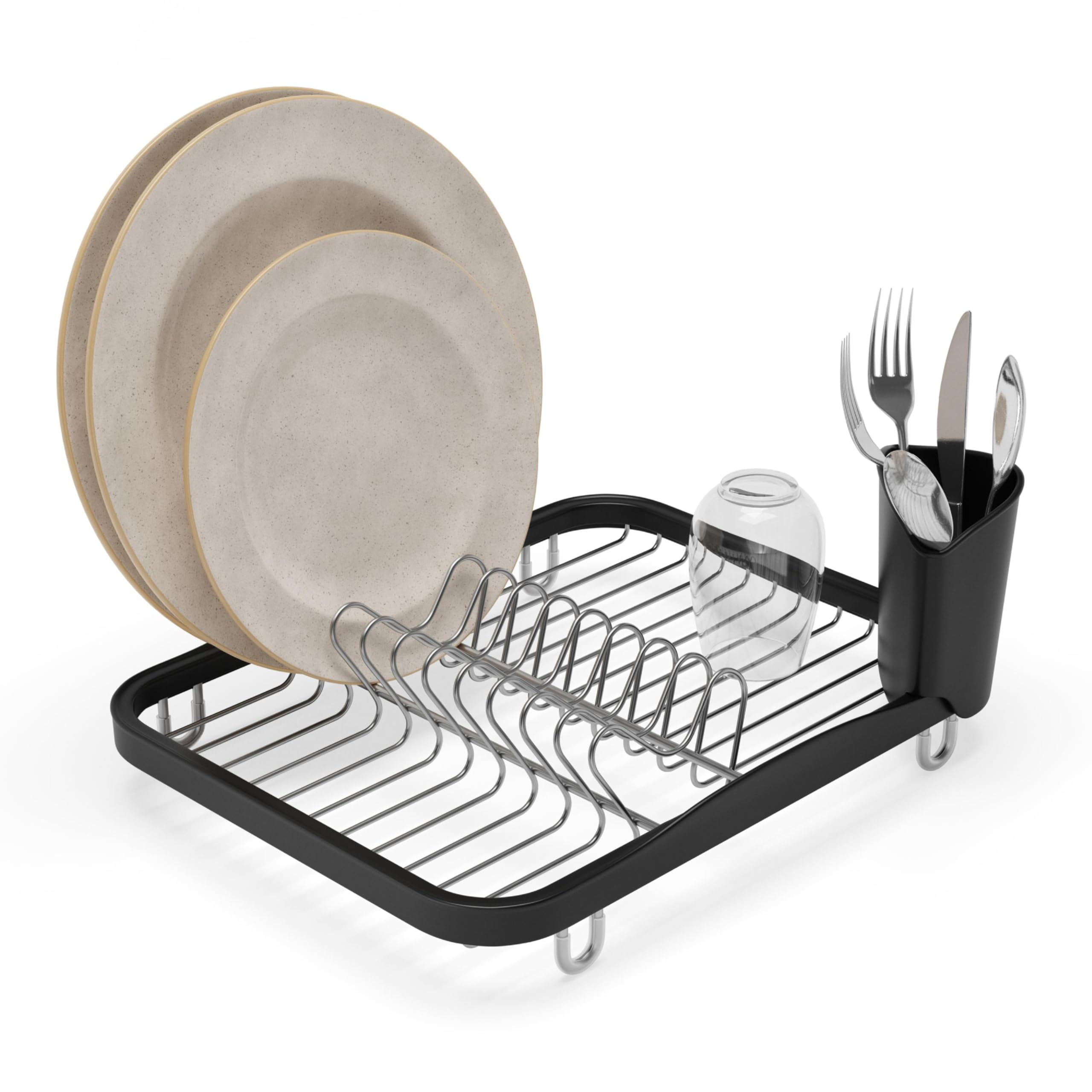 Umbra Sinkin Dish Drying Rack – Drainer Caddy with Removable Cutlery Holder – Use In Sink or On Counter, Standard, Black/Nickel