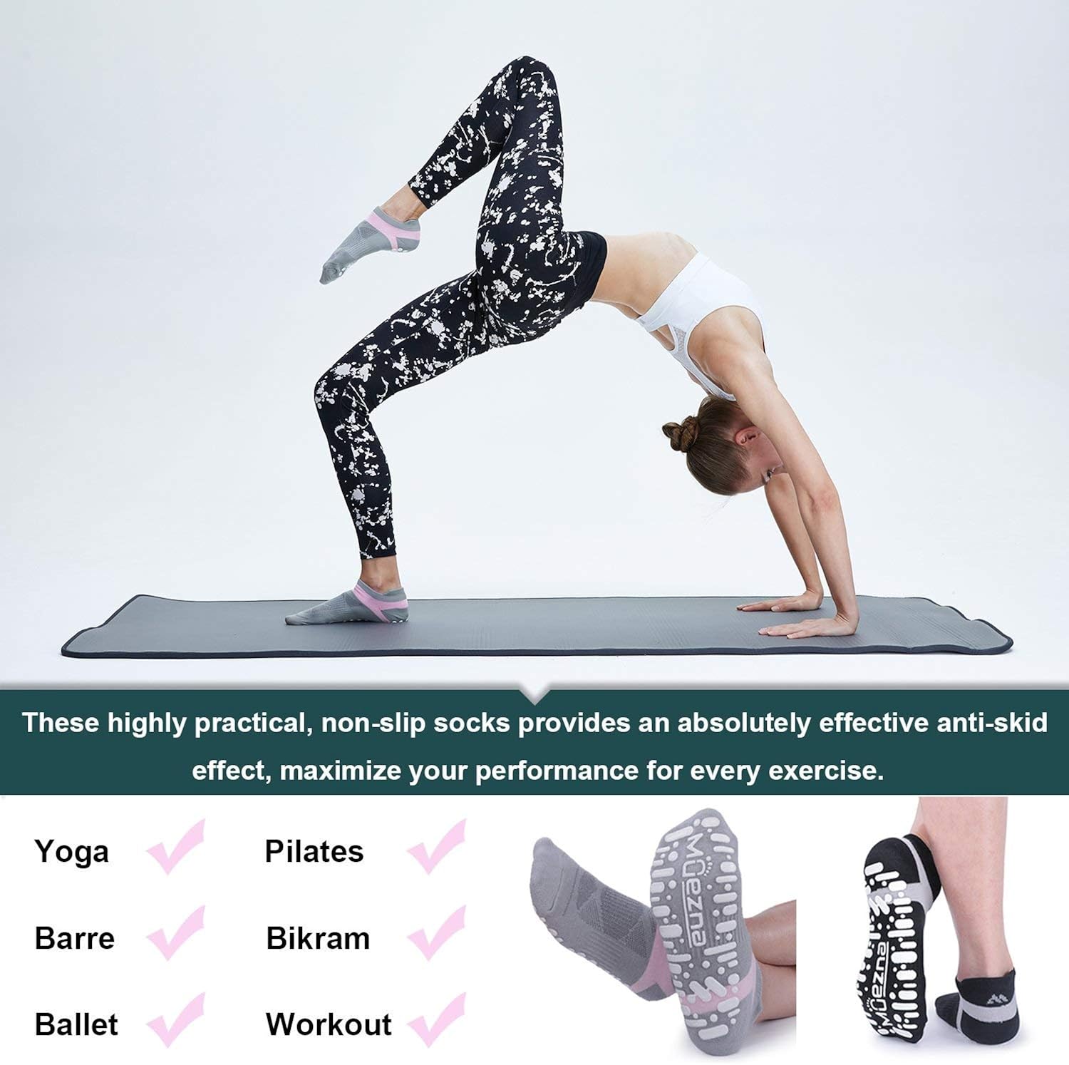 Muezna Non Slip Yoga Socks for Women, Anti-Skid Pilates, Barre, Bikram Fitness Socks with Grips, Size 5-10 : Clothing