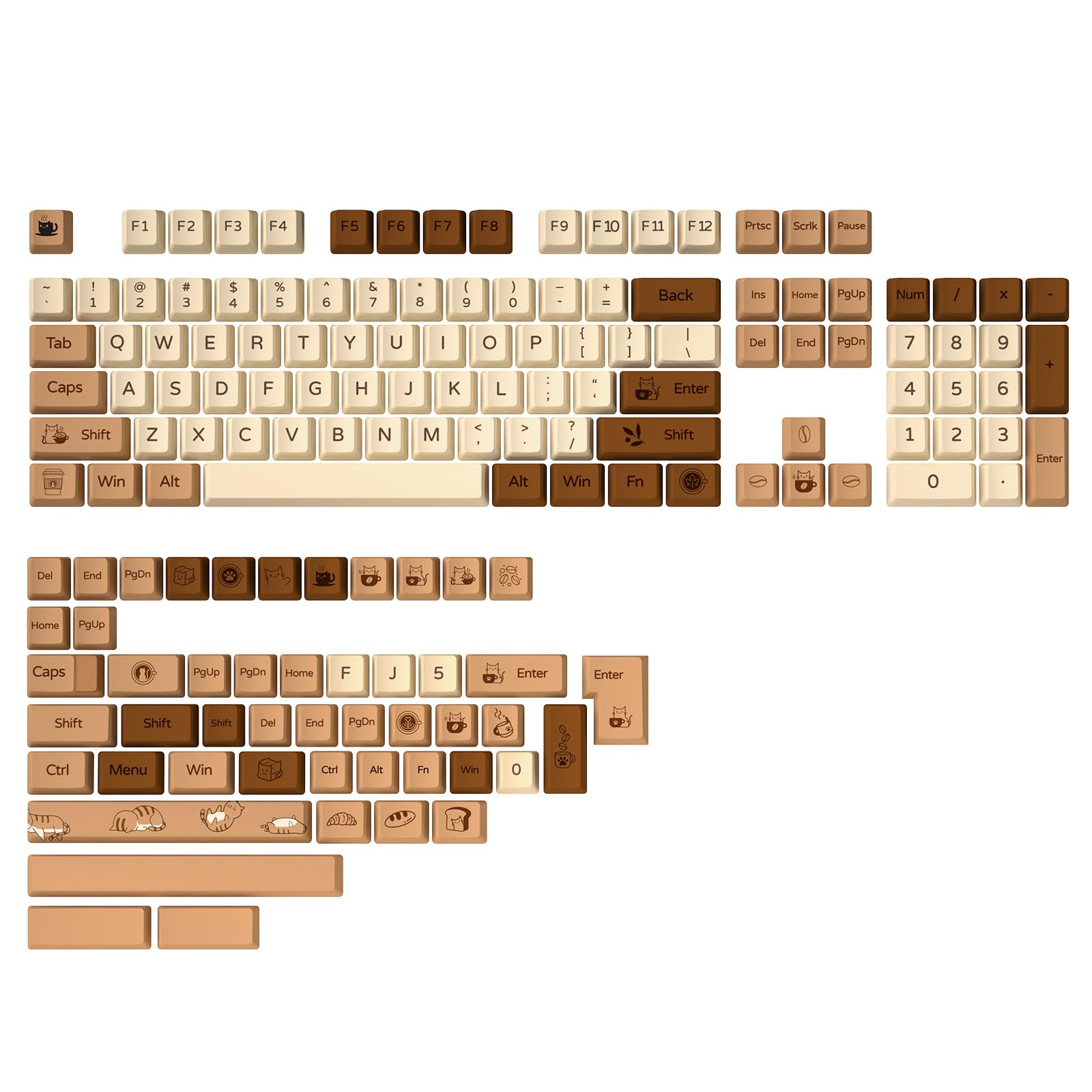 YUNZII Coffee Cat Dye Sub PBT Keycaps,152 Full Keys Dye Sublimation PBT Custom Keycaps with Key Puller for Cherry Gateron MX Switches Mechanical Gaming Keyboard (Cherry Profile, Coffee Cat)