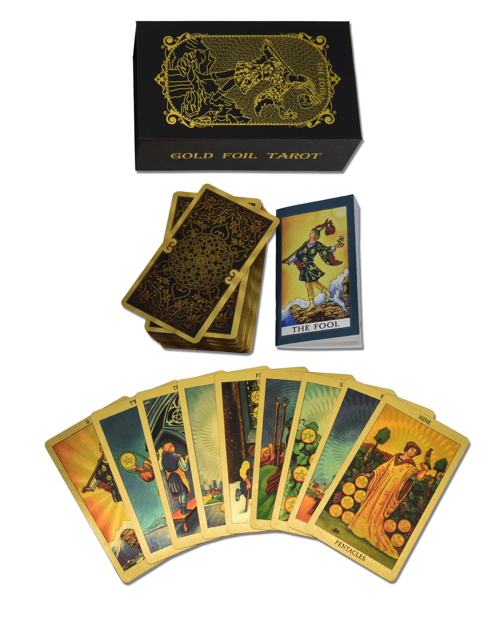 78 Gold Foil English Tarot Cards with 36 Pages of English Guide, PVC, Waterproof and Wrinkle-Proof, Durable, Suitable for Advanced Tarot Players and Collectors (Golden Heraldic Pattern)