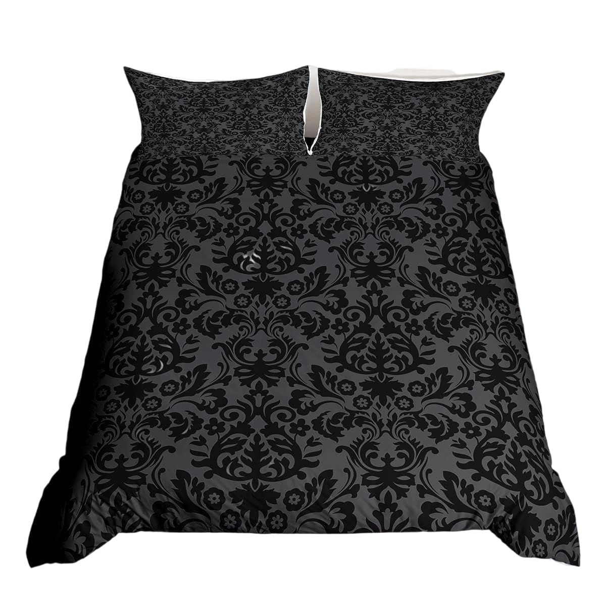 Homewish Grey Black Damask Double Duvet Cover Sets for Kids Teens Adults, Vintage Royal Baroque Bedding & Linen, Victorian Classical Florals Bedding Set with Pillowcases, Ultra Soft, Gray